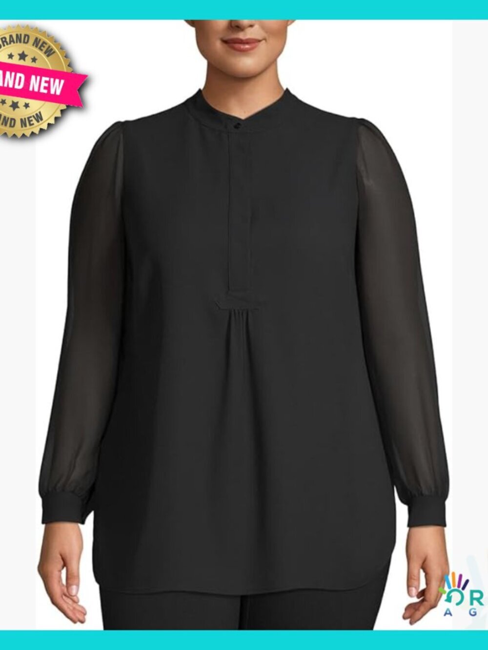 Plus Size Long Sleeve Tunic Blouse Elegant Chic Sheer Sleeves Office Wear